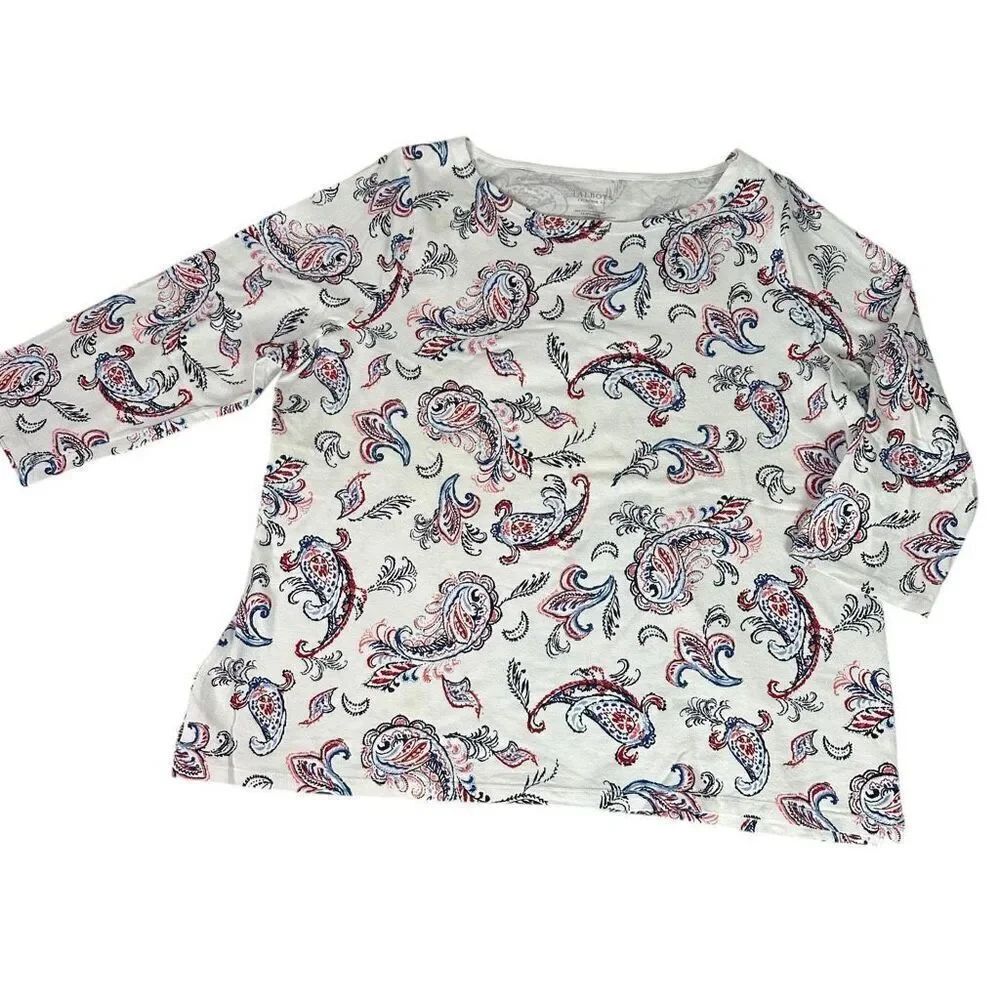 Talbots Womens 2X Paisley Bateau Neck Cotton Top